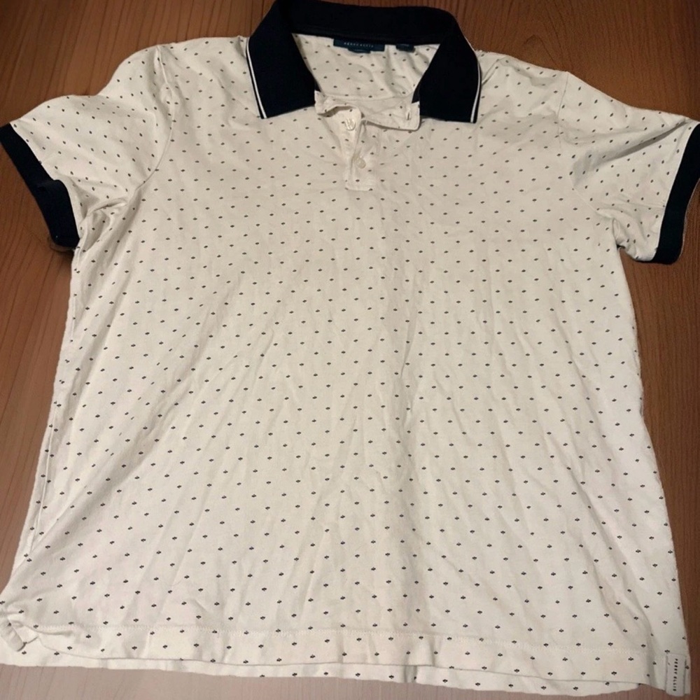 Perry Ellis PIMA Cotton Polo Shirt Casual Navy Collar PE Polka Dot Pattern Large